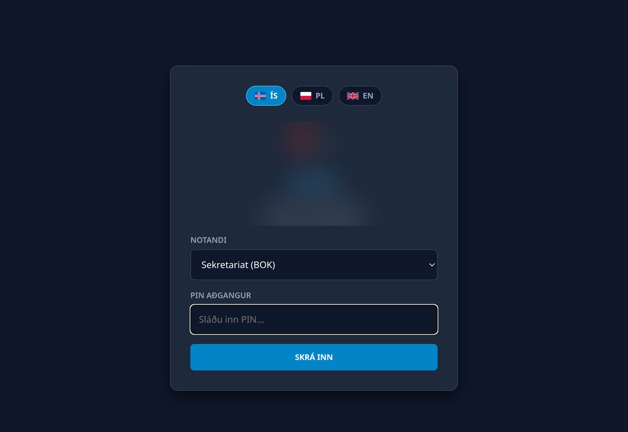 Innskráningarsíða Nexus App með vali á notanda og PIN-númeri