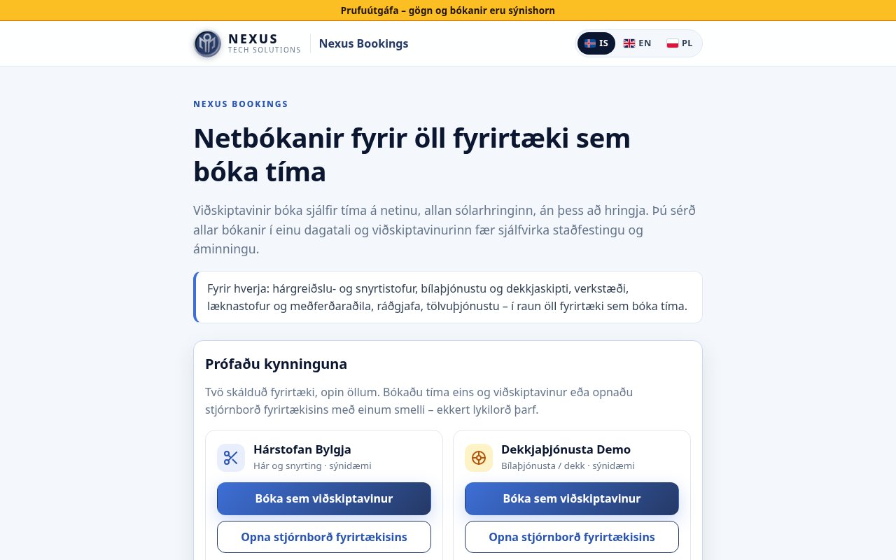 Forsíða Nexus Bookings (prufuútgáfa) með kynningu og tveimur skálduðum sýnifyrirtækjum